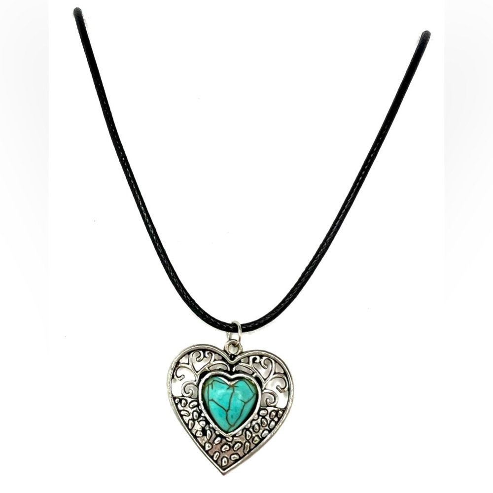 Silver Turquoise Heart Pendant Necklace Boho Filigree Choker Leather